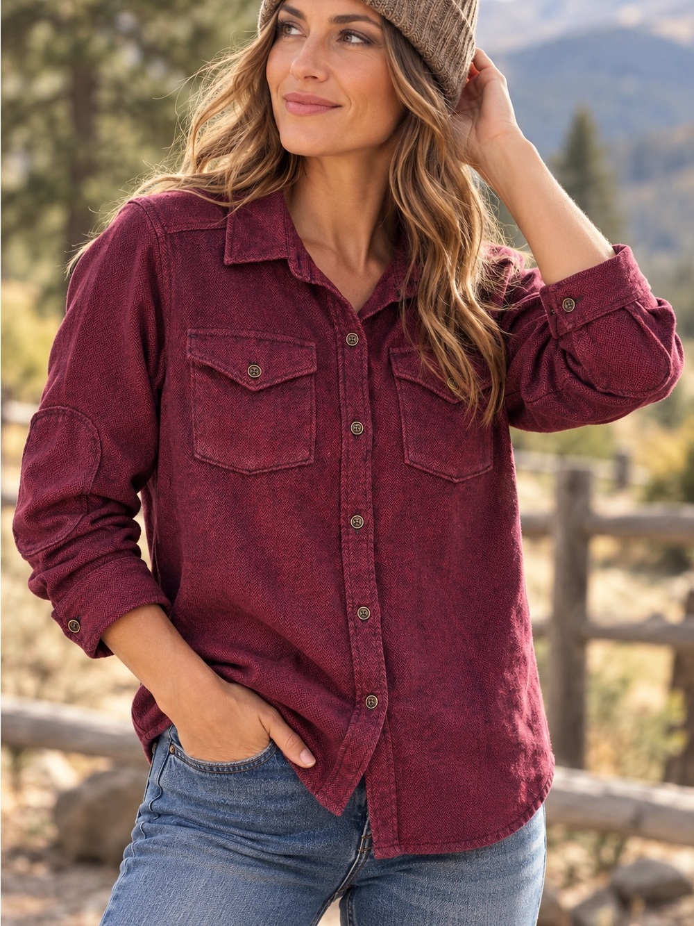 Kavu S Burgundy Herringbone Heavy Cotton Flannel Button Down Shirt Pockets PNW